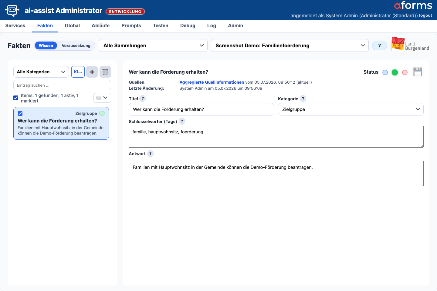 Fakten-Maske in der Sicht Wissen und Rechnen mit Servicefilter, Wissensliste, Mehrfachauswahl, Statusaktion und Detailbereich