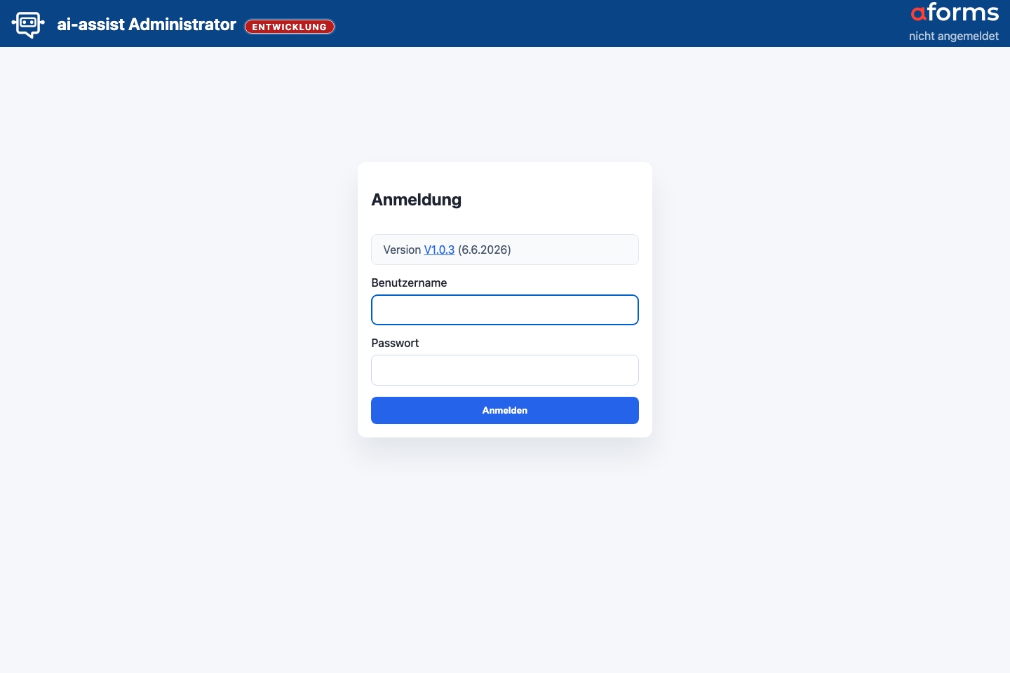 Anmeldemaske der ai-assist Administration mit Benutzername, Passwort und Anmelden-Schaltfläche